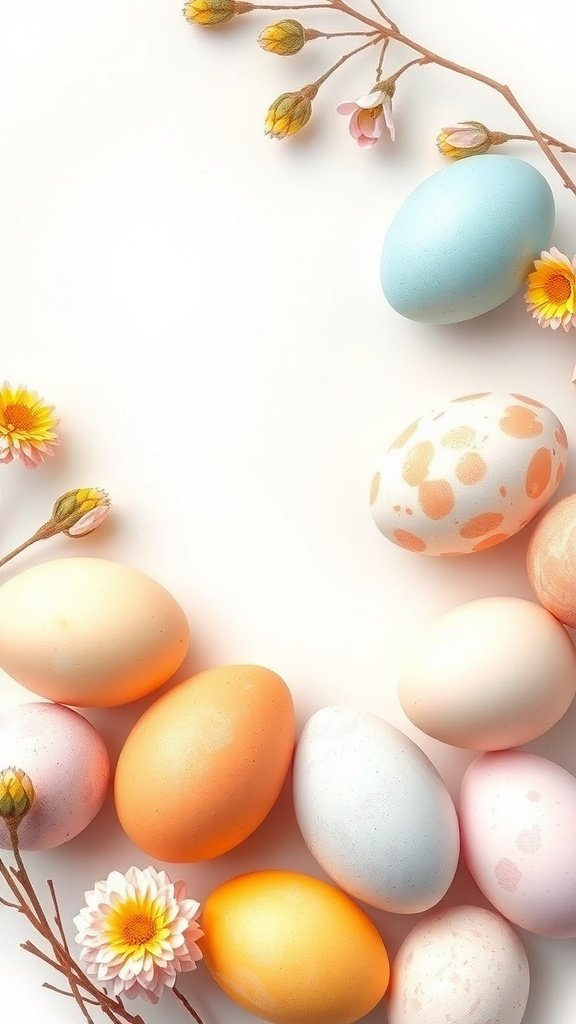 Colorful watercolor Easter eggs surrounded by flowers on a light background