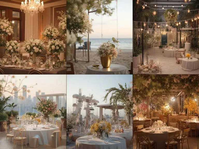 A collage of six distinct wedding floral styles in ultra HD, showcasing a grand ballroom with white roses, a garden with pastel flowers, a bohemian beach with sunflowers, a modern rooftop with geometric calla lilies, a rustic barn with mason jar wildflowers, and a luxurious gallery with orchid installations.