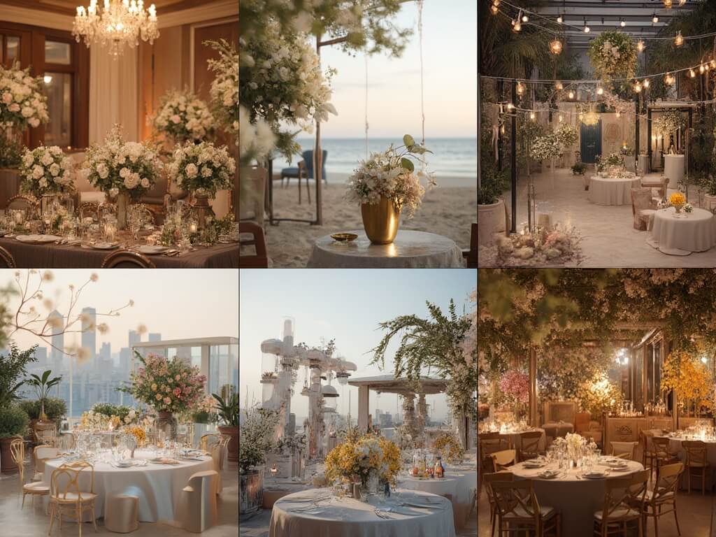 A collage of six distinct wedding floral styles in ultra HD, showcasing a grand ballroom with white roses, a garden with pastel flowers, a bohemian beach with sunflowers, a modern rooftop with geometric calla lilies, a rustic barn with mason jar wildflowers, and a luxurious gallery with orchid installations.