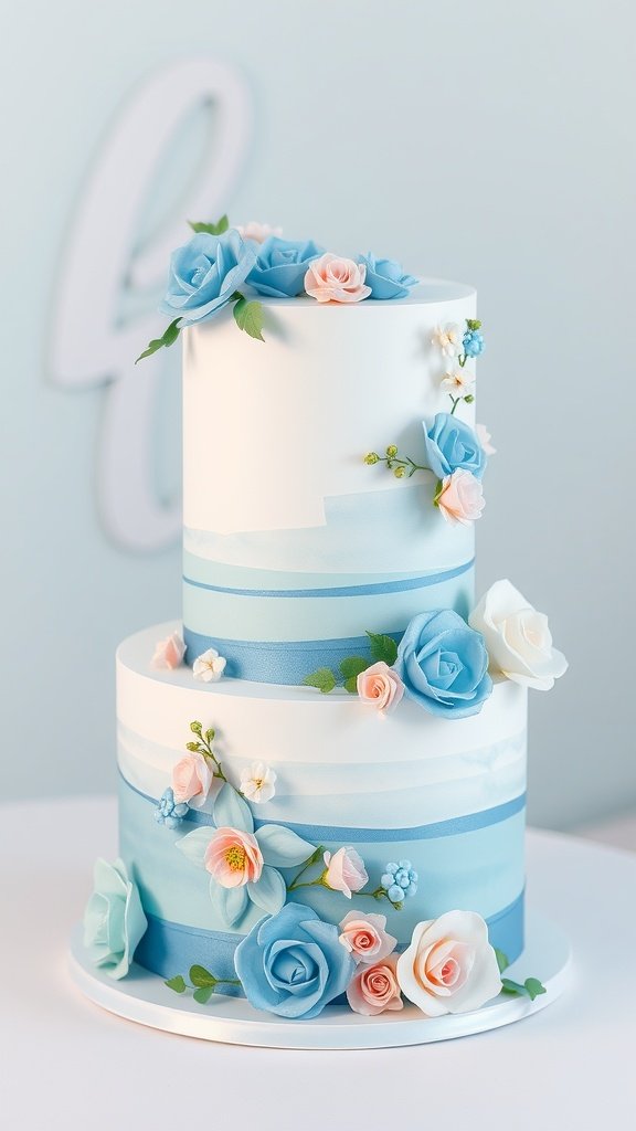 A beautiful two-tiered blue cake with floral decorations