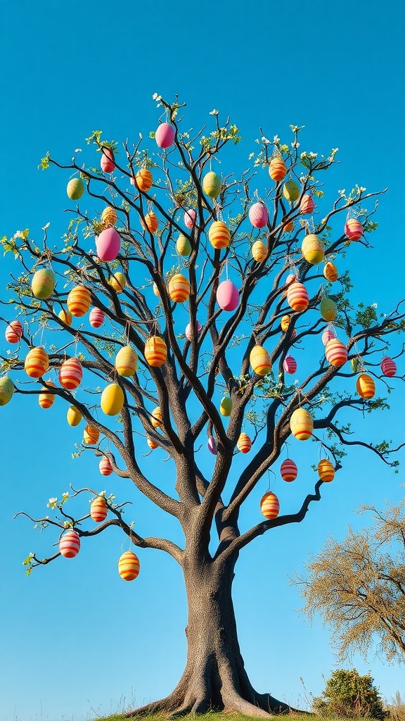A tree decorated with colorful Easter eggs against a blue sky.