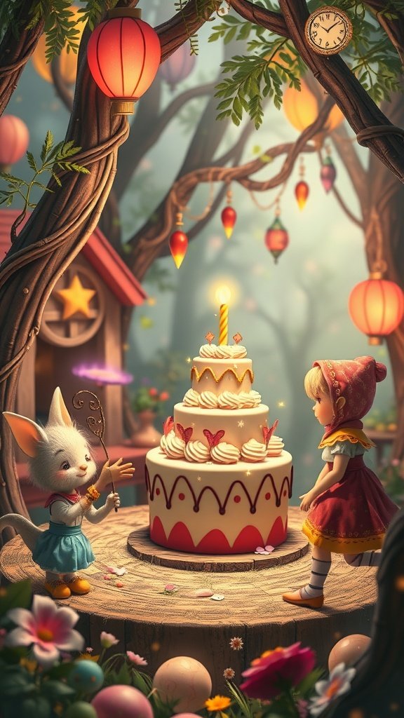 A whimsical fairy tale scene with a cute character and a birthday cake surrounded by flowers and lanterns.