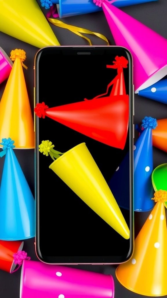 Colorful party hats surrounding a smartphone displaying a vibrant birthday theme.