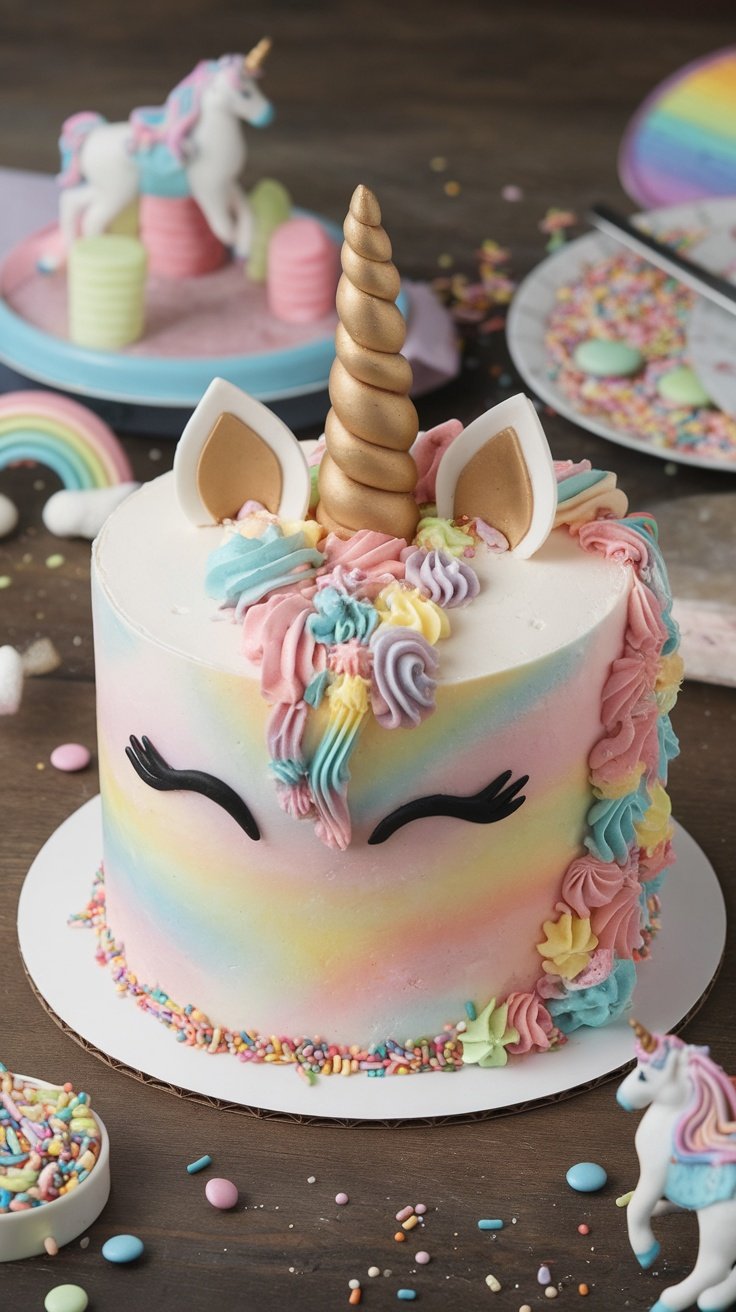 A colorful unicorn-themed birthday cake with a horn, ears, and rainbow sprinkles.
