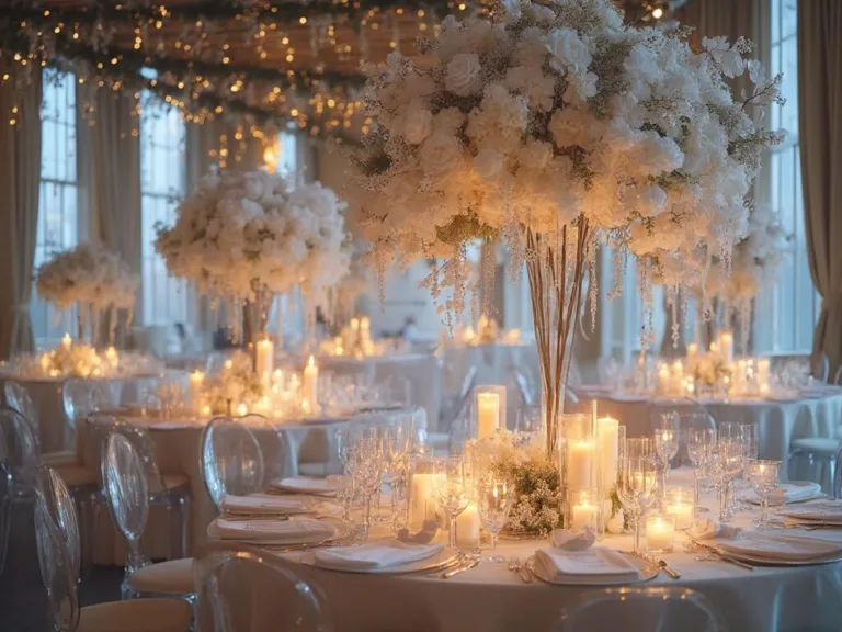 A luxurious ballroom set for a winter-themed wedding reception, featuring round tables with white silk tablecloths and dramatic centerpieces of manzanita branches adorned with crystals and white flowers. Candles in mercury glass vessels and geometric containers provide warm lighting, while pinecones, evergreen sprigs, and baby's breath add natural texture. Ghost chairs and overhead fairy lights enhance the elegant atmosphere as blue dusk light filters in.