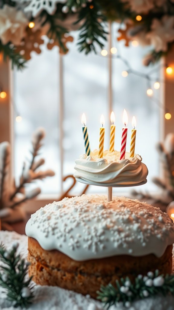 A beautifully decorated birthday cake with colorful candles, set against a snowy window background.