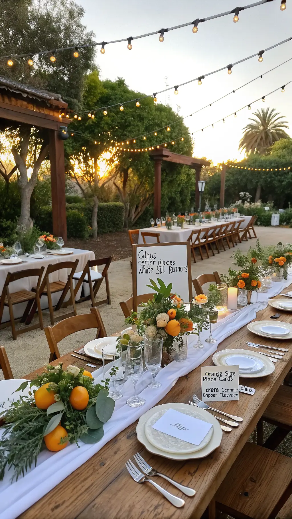 Sunlit garden venue with harvest tables, citrus centerpieces, crystal glassware, and hanging Edison bulbs creating a magical setting at golden hour.