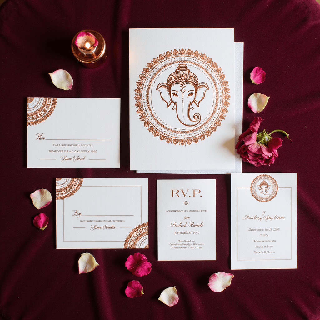 Creating the Perfect Indian Wedding Invitation: A Comprehensive Guide Overhead view of a modern Indian wedding invitation suite on burgundy velvet, featuring a contemporary Lord Ganesh in rose gold foil on pearl white cardstock, with RSVP cards, event booklets, and accommodation details with geometric rangoli patterns, styled with copper accessories and rose petals.