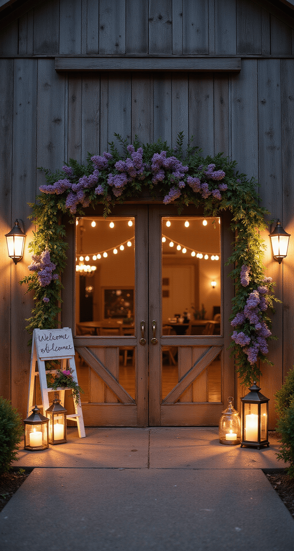 A twilight scene of a rustic-chic barn entrance with lilac and wildflower floral installations on weathered wooden doors, vintage brass lanterns lining the path, string lights overhead, and a handwritten welcome sign on aged wood against a vintage ladder with small posies.