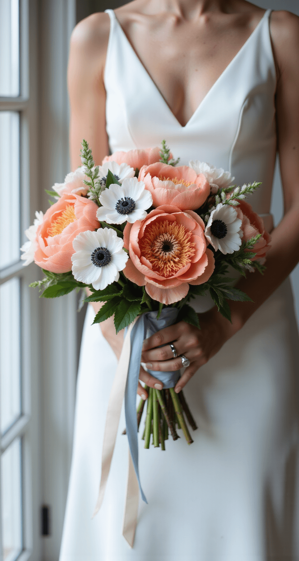 Close-up of a bridal bouquet against a white dress, featuring coral peonies, blush ranunculus, and white anemones with navy centers. Ivory and pale blue ribbons trail in the breeze, with natural window light highlighting the flower details.