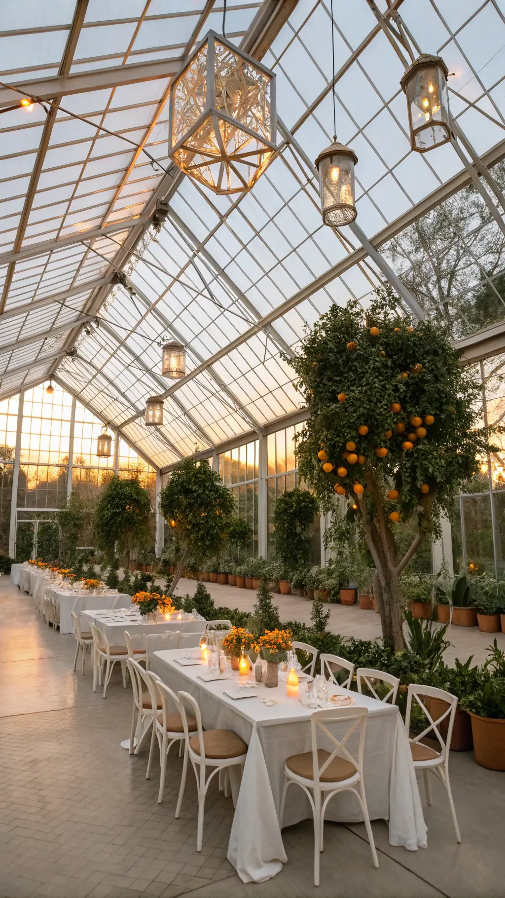 Overhead view of a greenhouse reception space with glass ceilings at sunset, featuring modern acrylic chairs around white farmhouse tables adorned with terracotta pottery and citrus garlands, brass lanterns with candles, citrus trees, and a dried orange slice and fairy light installation.