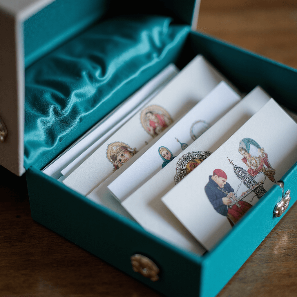 Creating the Perfect Indian Wedding Invitation: A Comprehensive Guide Close-up of an ornate wedding invitation box, teal silk-lined with silver elephant designs, revealing intricately illustrated ceremony cards with silver trimming.