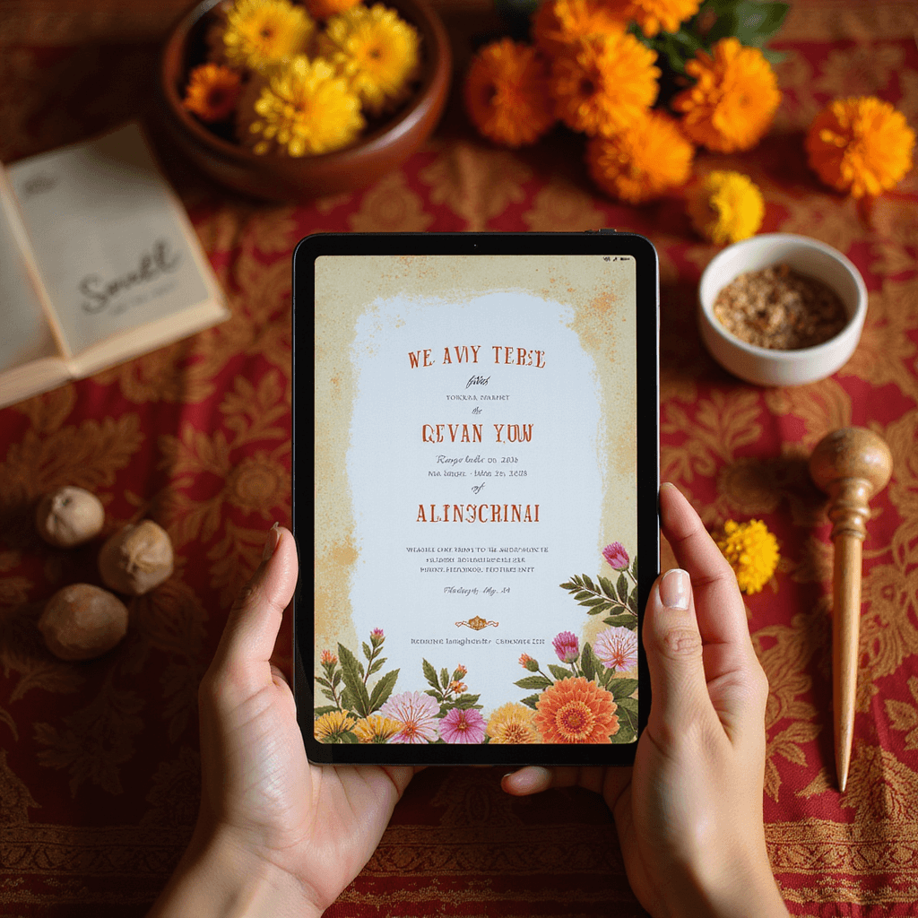Creating the Perfect Indian Wedding Invitation: A Comprehensive Guide A wide-angle shot of a couple's hands holding an iPad Pro displaying a digital invitation with minimalist typography and classical Indian artwork, set against a traditional textile. Surrounding elements include fresh marigolds, sandalwood items, and wedding planning notes, all bathed in a warm golden hour glow.