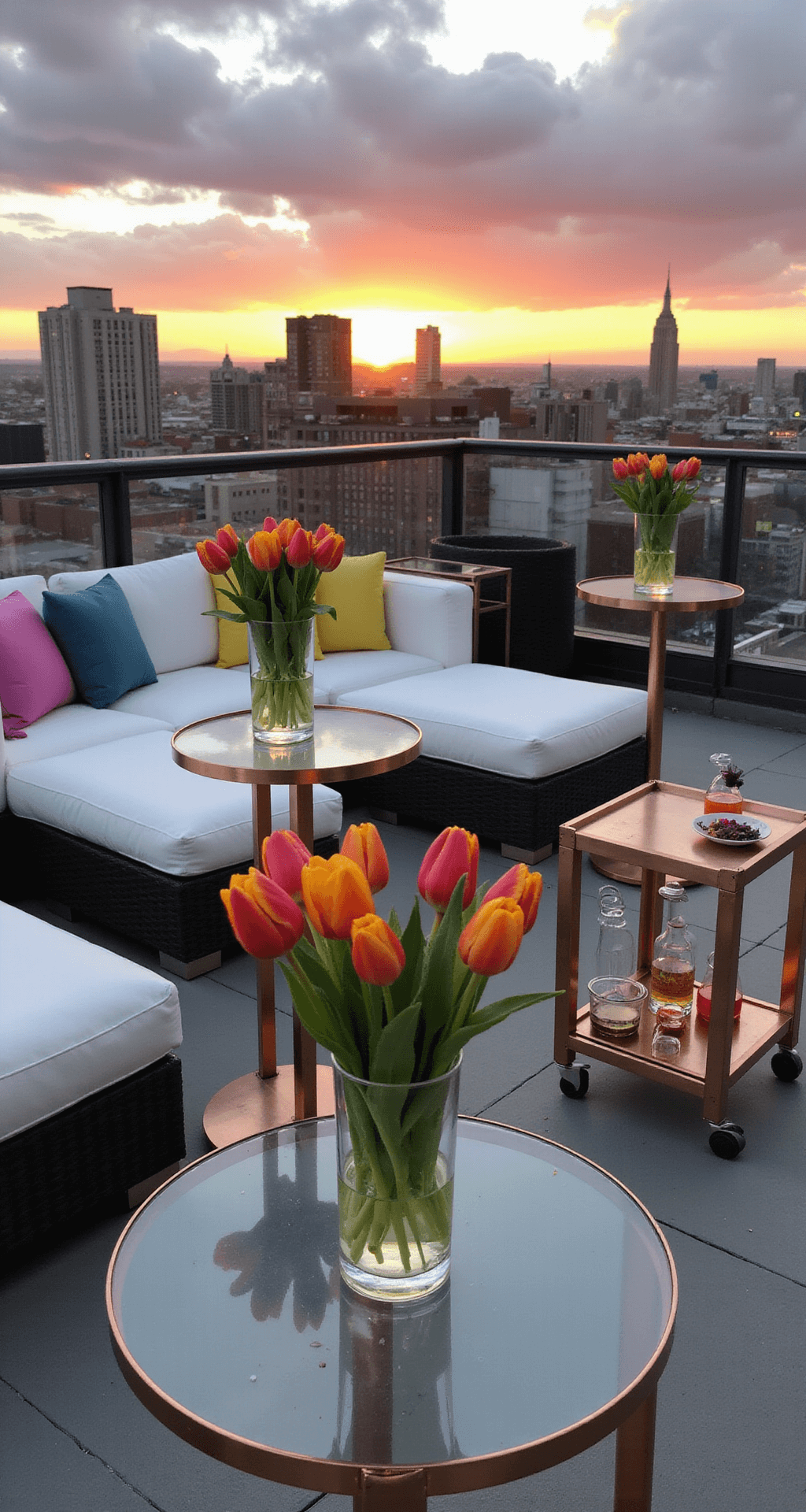 A stylish rooftop cocktail setup at sunset with lucite tables, tulip arrangements, a copper bar cart with signature drinks, white lounge furniture with colorful pillows, and twinkling city lights in the background.