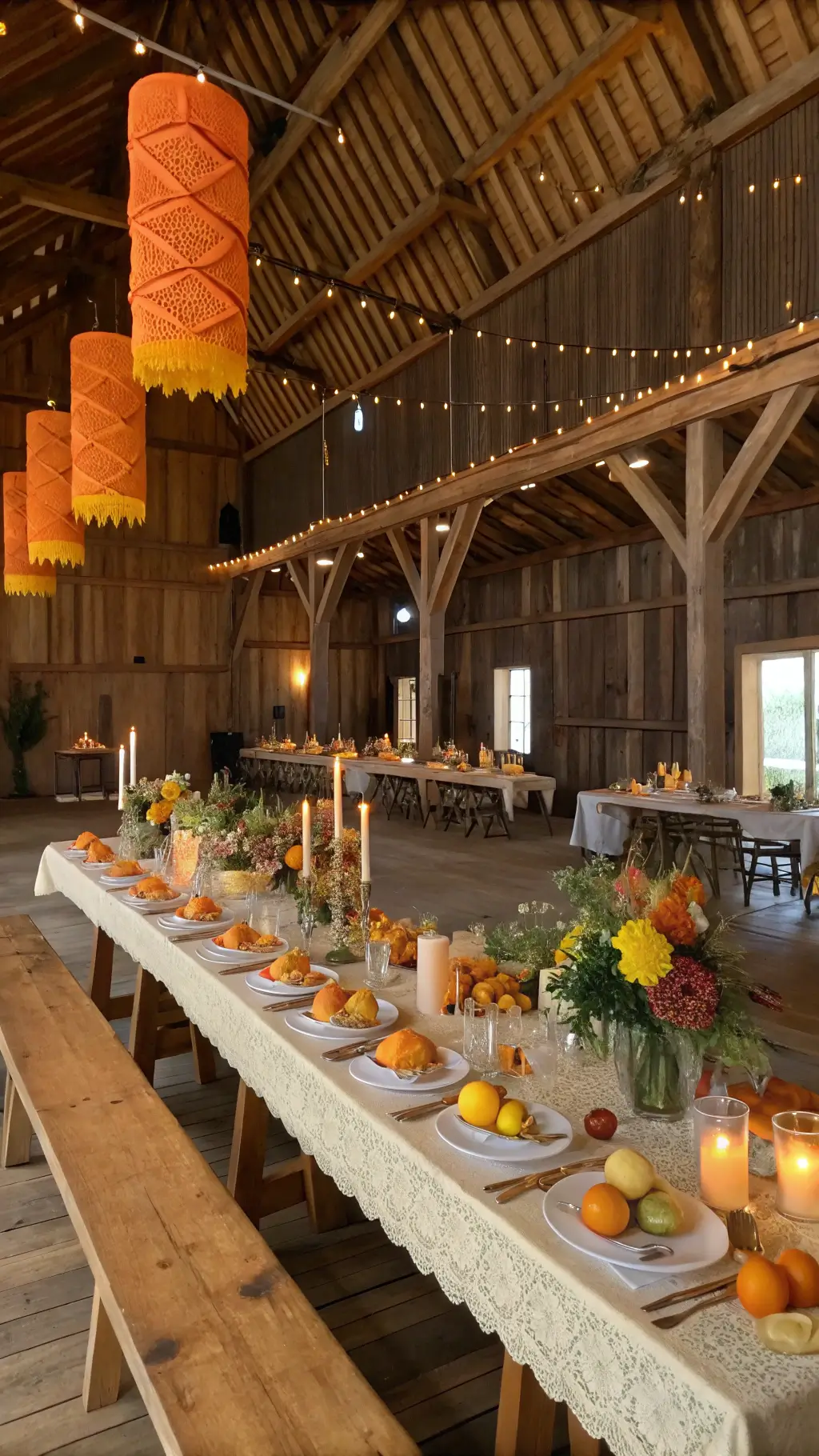 A rustic-modern barn interior with exposed wooden beams and soft afternoon light, featuring imperial tables adorned with citrus-toned fruit, flowers, colored glass vessels, brass candlesticks with orange candles, and macramé runners, under suspended orange and yellow paper lanterns.