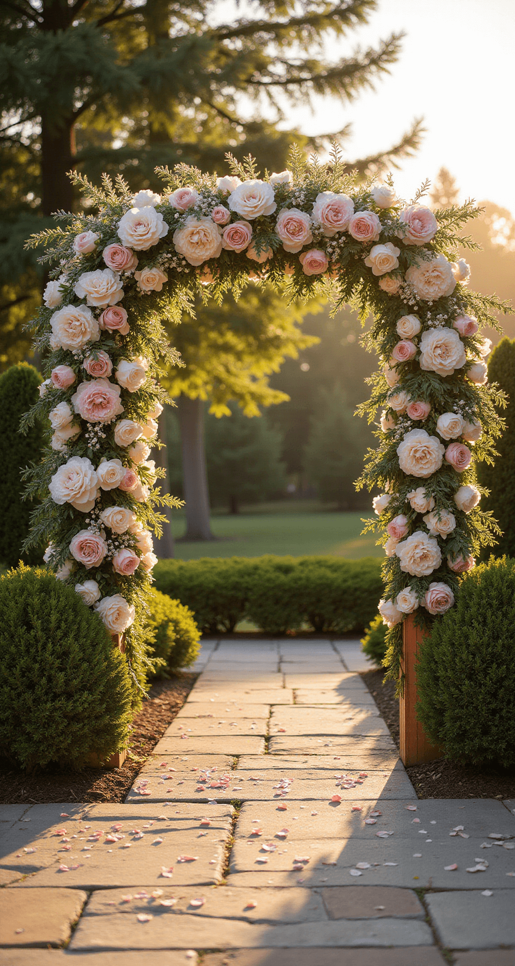 A 9-foot asymmetrical floral arch with blush and ivory roses, peonies, and cascading orchids on weathered copper, adorned with fairy lights and Italian ruscus glows in golden sunlight, dew drops glisten, while a stone pathway lined with rose petals leads to the arch.