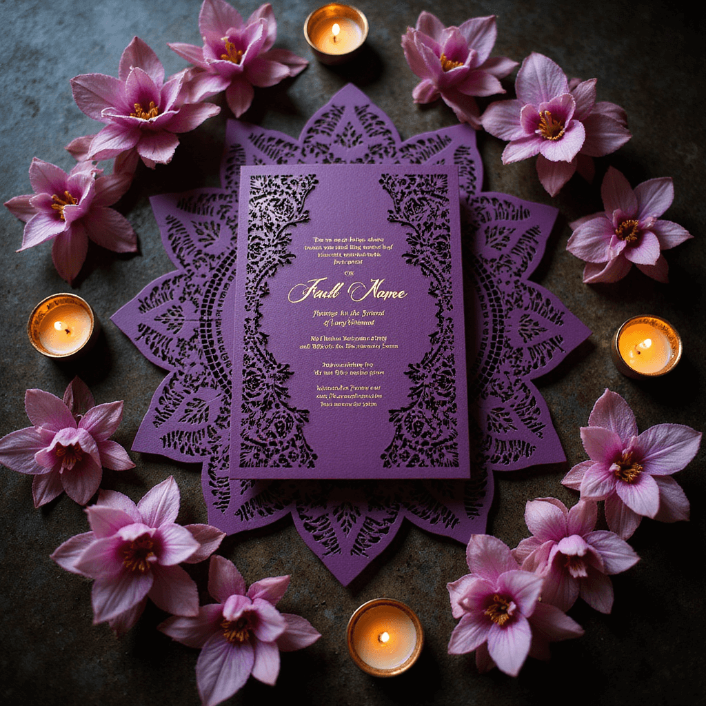 Creating the Perfect Indian Wedding Invitation: A Comprehensive Guide Mandala pattern of laser-cut wedding invitations with deep purple and gold accents, surrounded by orchids and tea lights in dim evening light.