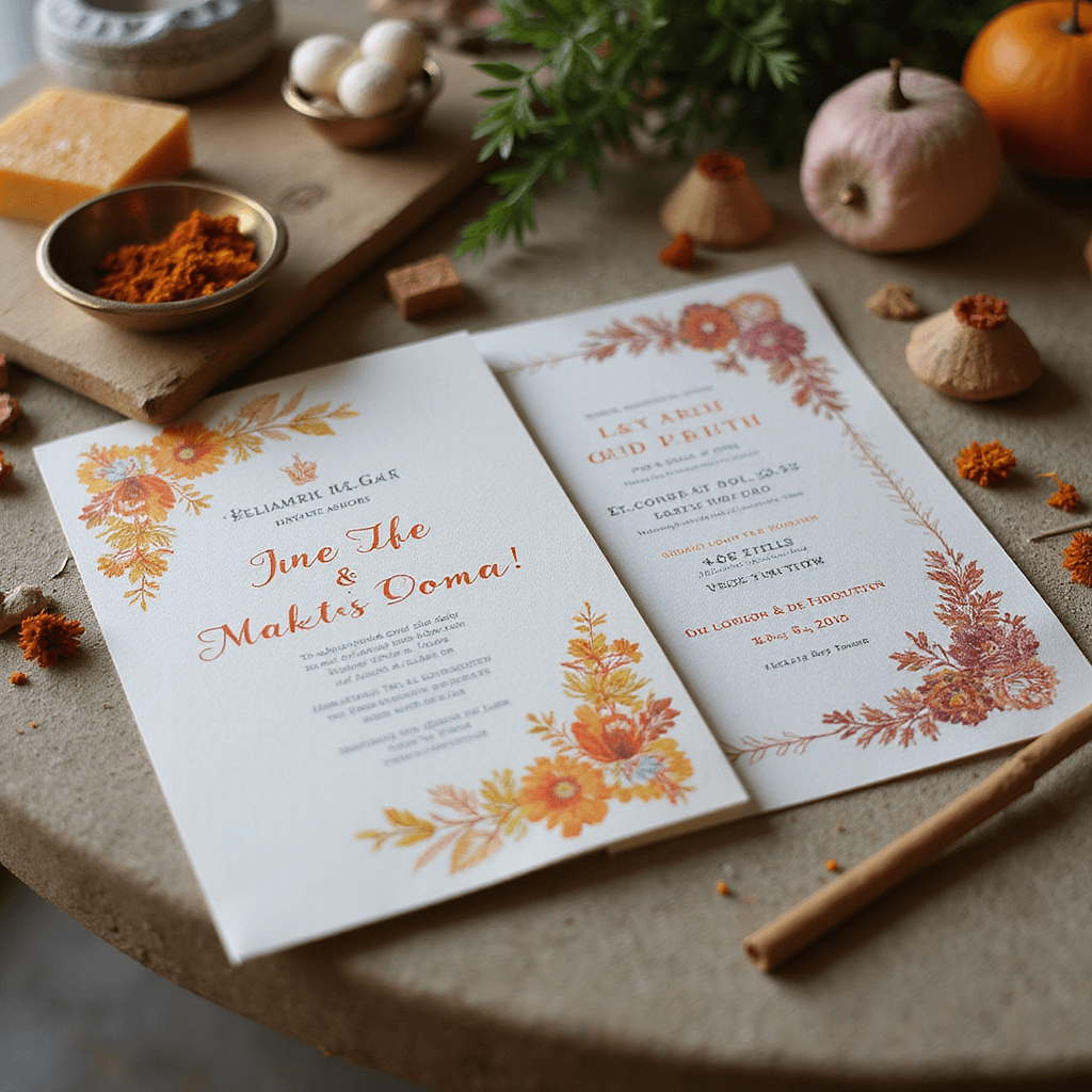 Creating the Perfect Indian Wedding Invitation: A Comprehensive Guide Eco-friendly wedding invitation suite with seed paper embedded with marigold seeds, block-printed borders in vegetable dyes, surrounded by brass diyas, incense, and sustainable packaging, captured in soft morning light.