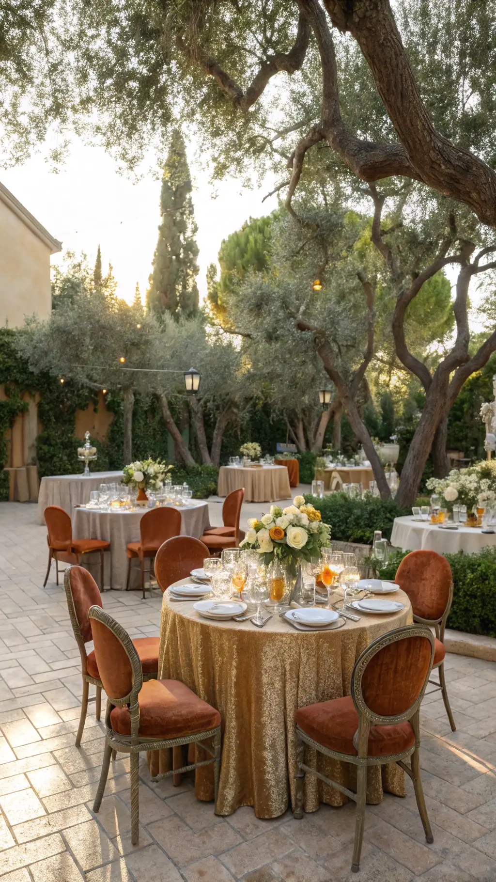An intimate courtyard at midday with round tables featuring citrus topiaries and white blooms, surrounded by orange velvet chairs and hand-painted tile chargers, under mature olive trees with dappled sunlight.