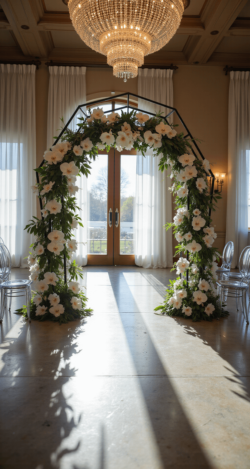 Modern ballroom with a geometric black metal arch adorned with white orchids and lilies, lit dramatically; clear chairs arranged semicircle on a marble floor with chandeliers and sheer draped windows in the background.