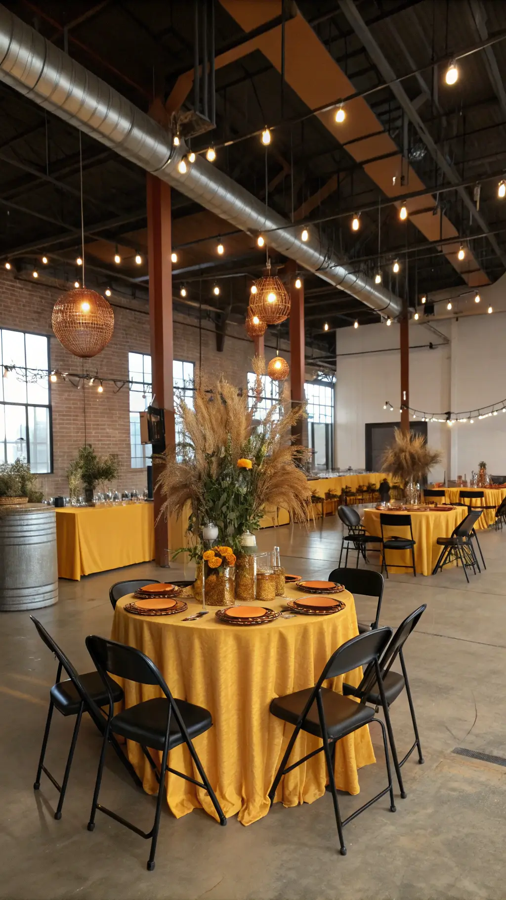An industrial loft with black metal chairs and marigold silk-covered tables featuring brass centerpieces of dried oranges and pampas grass, copper pipe light fixtures with Edison bulbs, and citrus elements against concrete floors with amber uplighting.