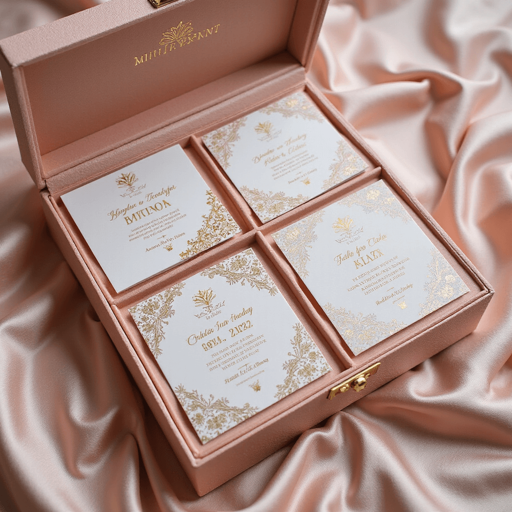 Creating the Perfect Indian Wedding Invitation: A Comprehensive Guide Luxury wedding invitation box with blush pink silk cover, open to reveal compartments with individually designed ceremony cards featuring traditional patterns. Decorated with pearls, mirror work, gold calligraphy, wax seals, and personalized details. Photographed under diffused studio lighting.