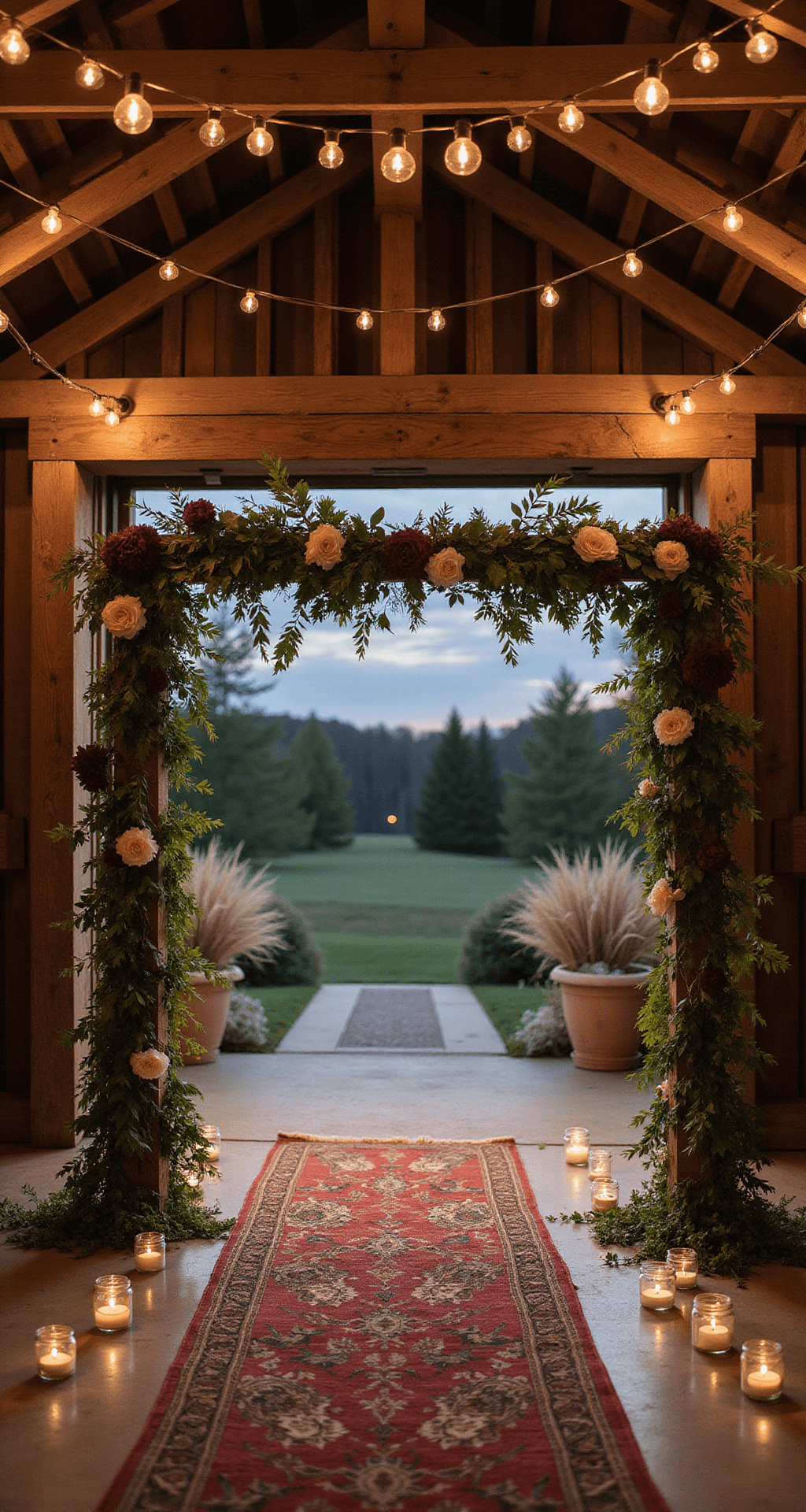 Rustic barn ceremony space adorned with a reclaimed wooden arch wrapped in smilax vine and burgundy dahlias, cream garden roses, floating candles in mason jars, Persian rugs as aisle, and Edison bulb-lit wooden beams in moody twilight.