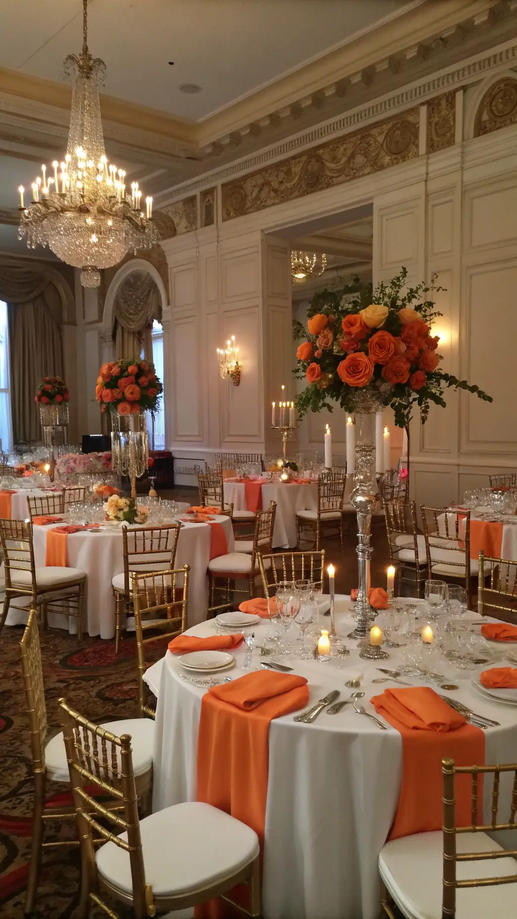 A classic ballroom with round tables, white linens, orange silk overlays, crystal candelabras with orange candles, floral arrangements of coral peonies and orange roses, gold Chiavari chairs with orange cushions, and a grand orange-draped entrance.