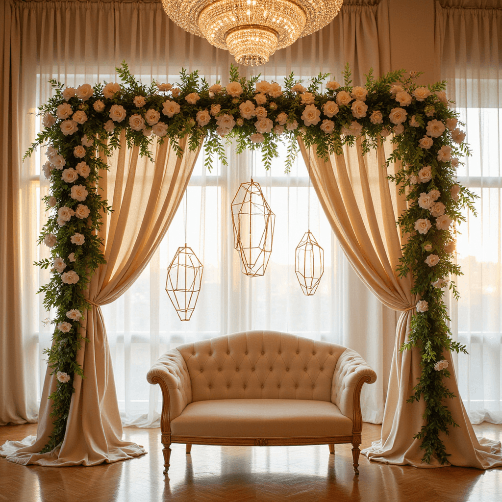 A grand wedding stage with a 15-foot floral arch of white orchids, blush roses, and ivy, framed by champagne silk drapes, crystal chandeliers, and rose gold geometric installations, with an ivory velvet loveseat, bathed in golden hour light from floor-to-ceiling windows.
