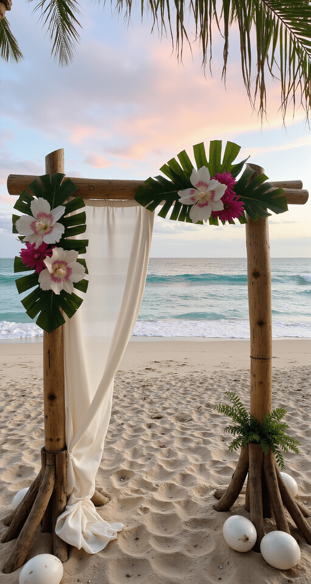 Beachfront bamboo arch at sunset with monstera leaves, orchids, protea, and billowing sheer fabric, framed by driftwood posts, coconuts, and foliage, against turquoise waters and pink sky.