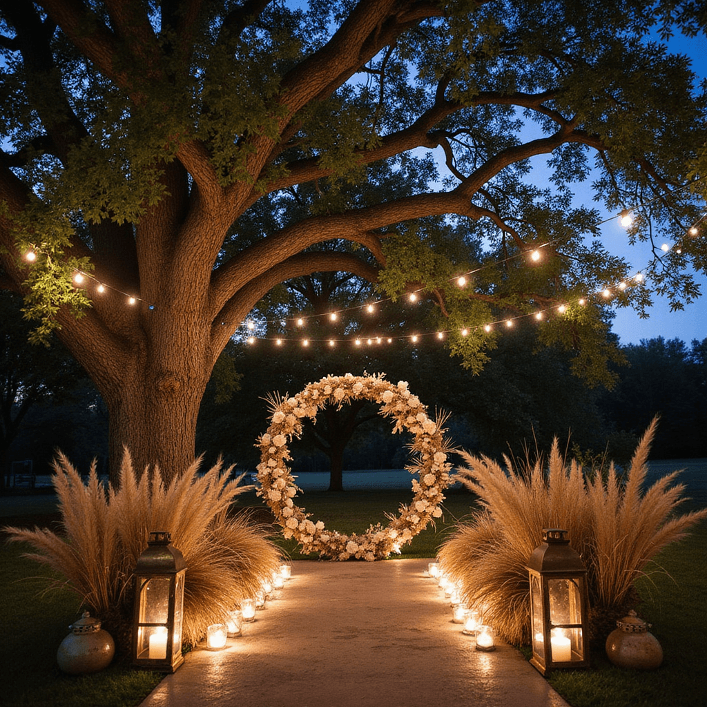 An outdoor evening ceremony under a large oak tree with fairy lights, a pampas grass moongate, brass lanterns, and macramé hangings.