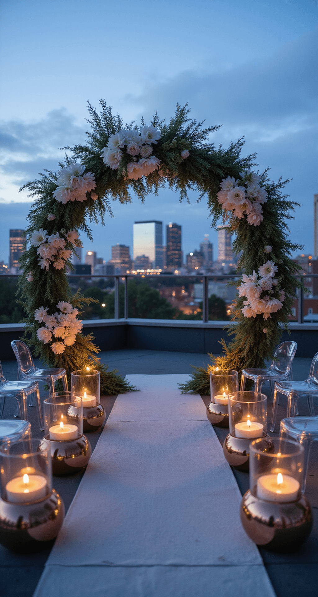 A rooftop ceremony setup with a circular metal arch adorned with pampas grass, bleached lunaria, and white anemones, with a city skyline beyond. Ghost chairs are arranged in concentric circles, and geometric copper vessels with floating candles line the aisle. The scene is captured at blue hour, highlighting the twinkling city lights and dramatic urban backdrop.