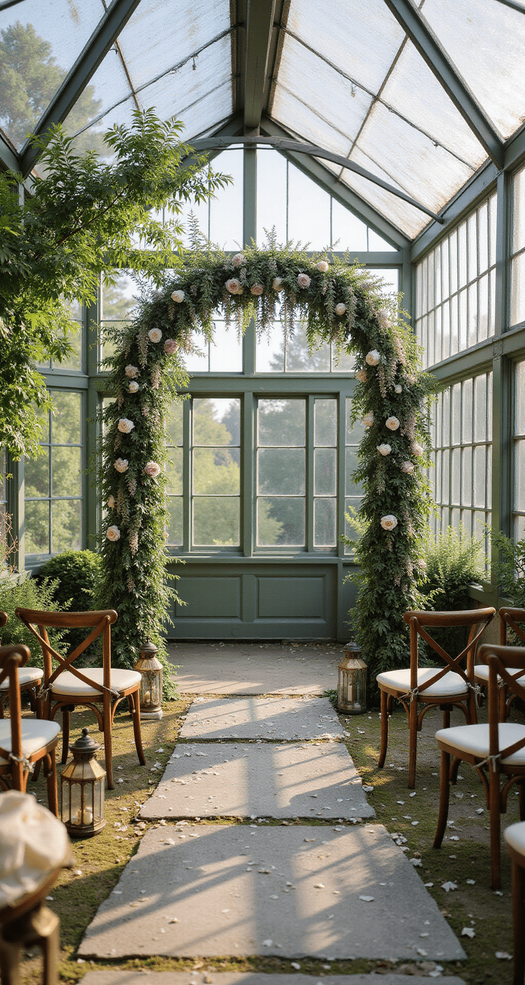 Symmetrical view of a greenhouse ceremony with a crystal-clear arch covered in wisteria and roses, mossy stone floor, and white petals. Brass lanterns and crossback chairs line the aisle, with afternoon sun streaming through glass panels.