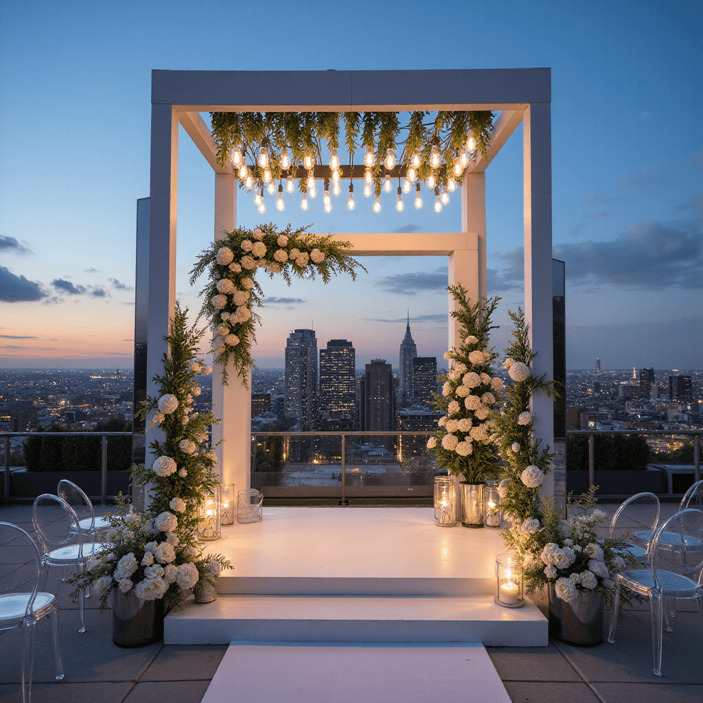 A minimalist rooftop wedding stage at twilight with a modern white arch, asymmetrical white and green floral arrangements, ghost chairs, mirror-finish geometric pillars, uplighting, and a canopy of Edison bulbs overhead, shot from a low angle.