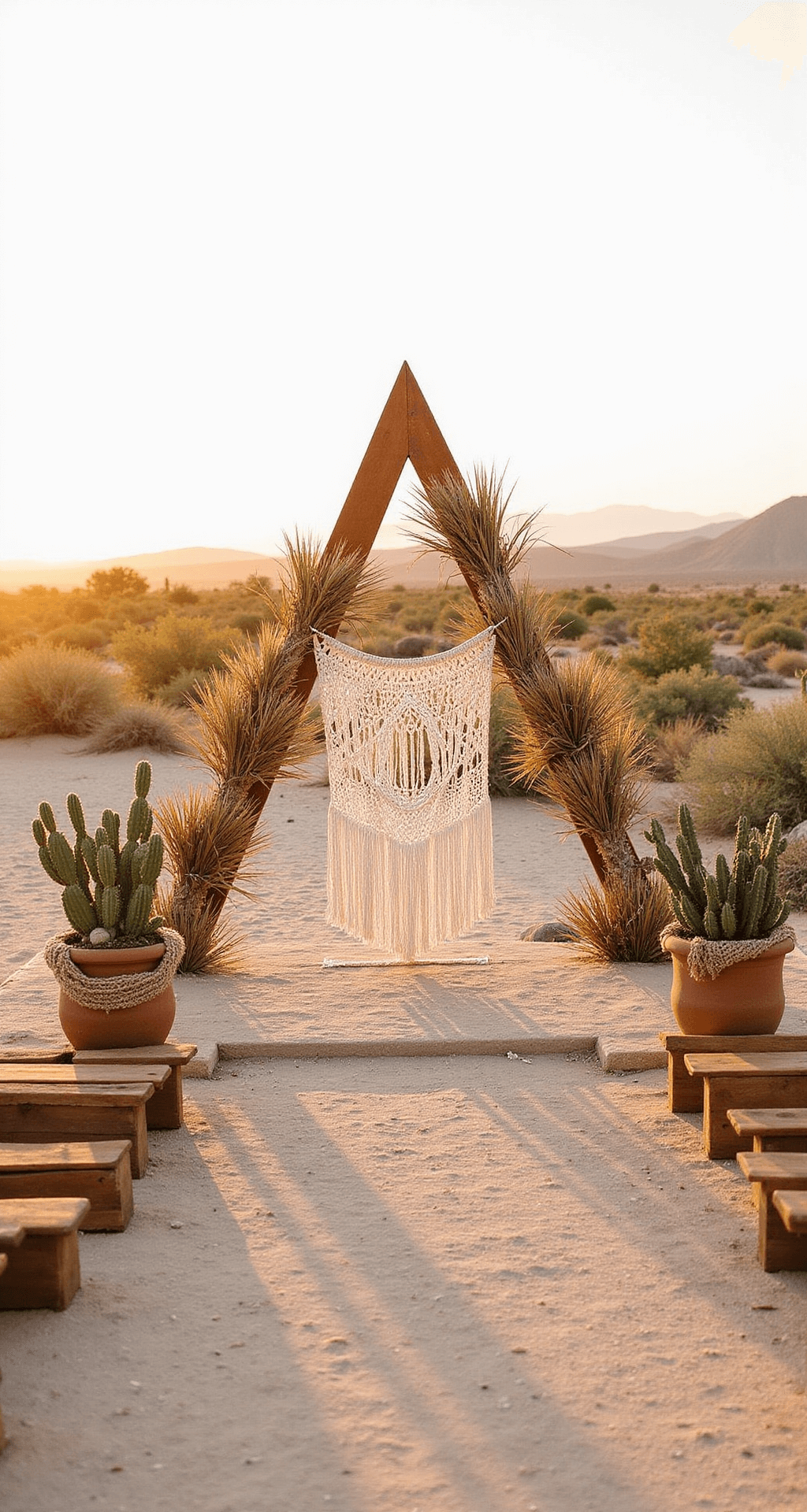 An elevated view of a boho desert ceremony setup with a triangular copper arch adorned with dried palms, pampas grass, and nude roses. Terra cotta urns filled with cacti and succulents are placed at the base. Low wooden benches are arranged in a crescent shape. A macramé backdrop sways gently in the breeze, all bathed in golden hour light against a backdrop of sand and mountains.