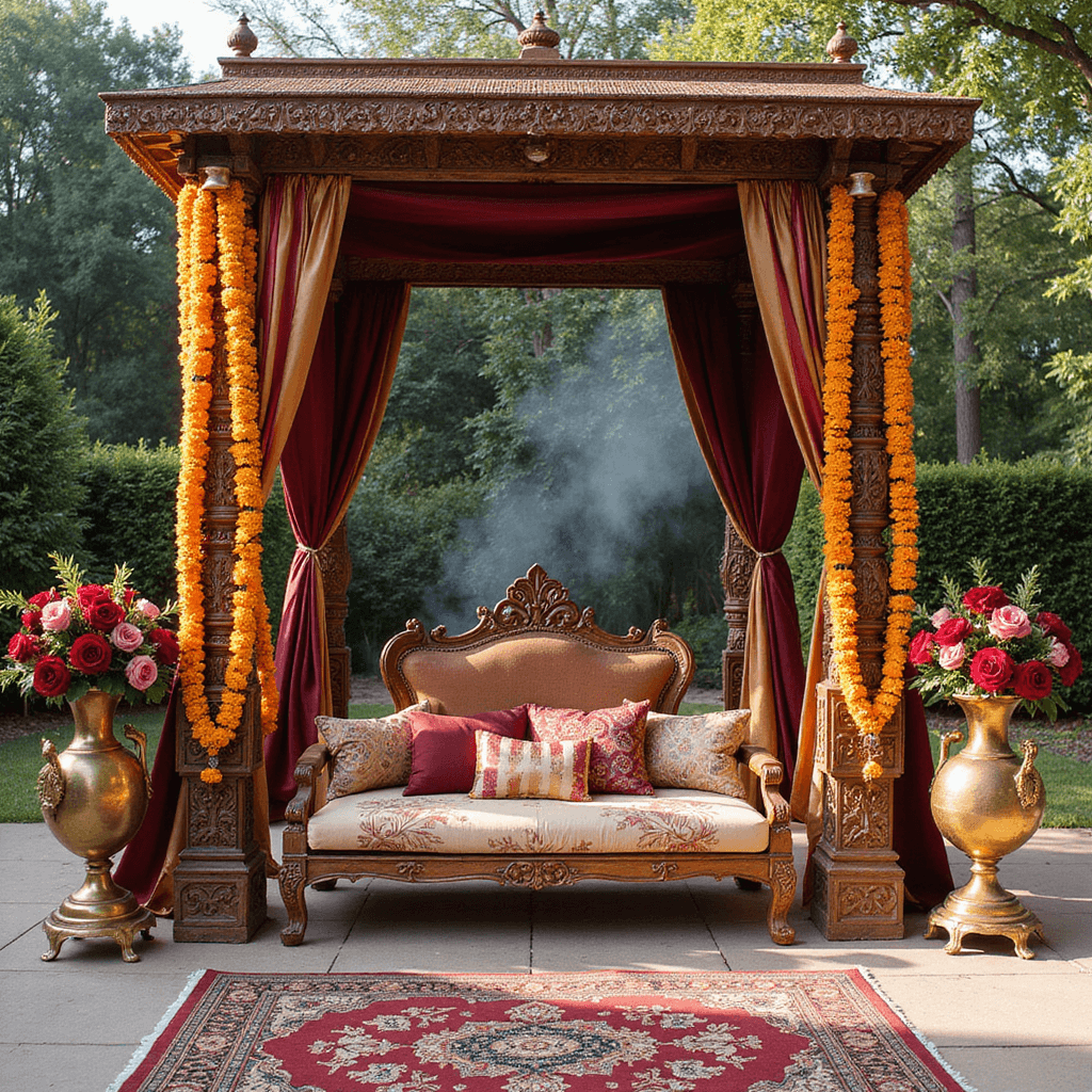 A traditional Indian wedding mandap in a garden courtyard with hand-carved wooden pillars, marigold garlands, red roses, burgundy and gold silk drapes, brass urns with flowers, jewel-toned cushions on vintage rugs, morning light, and smoke.