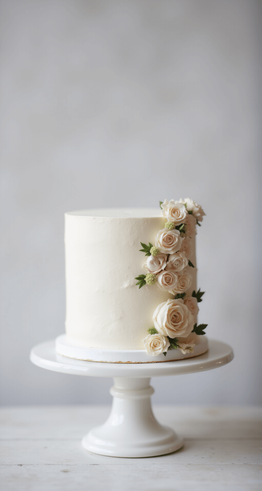 A single-tier wedding cake with pearl-white frosting and cascading fresh flowers on a white stand.