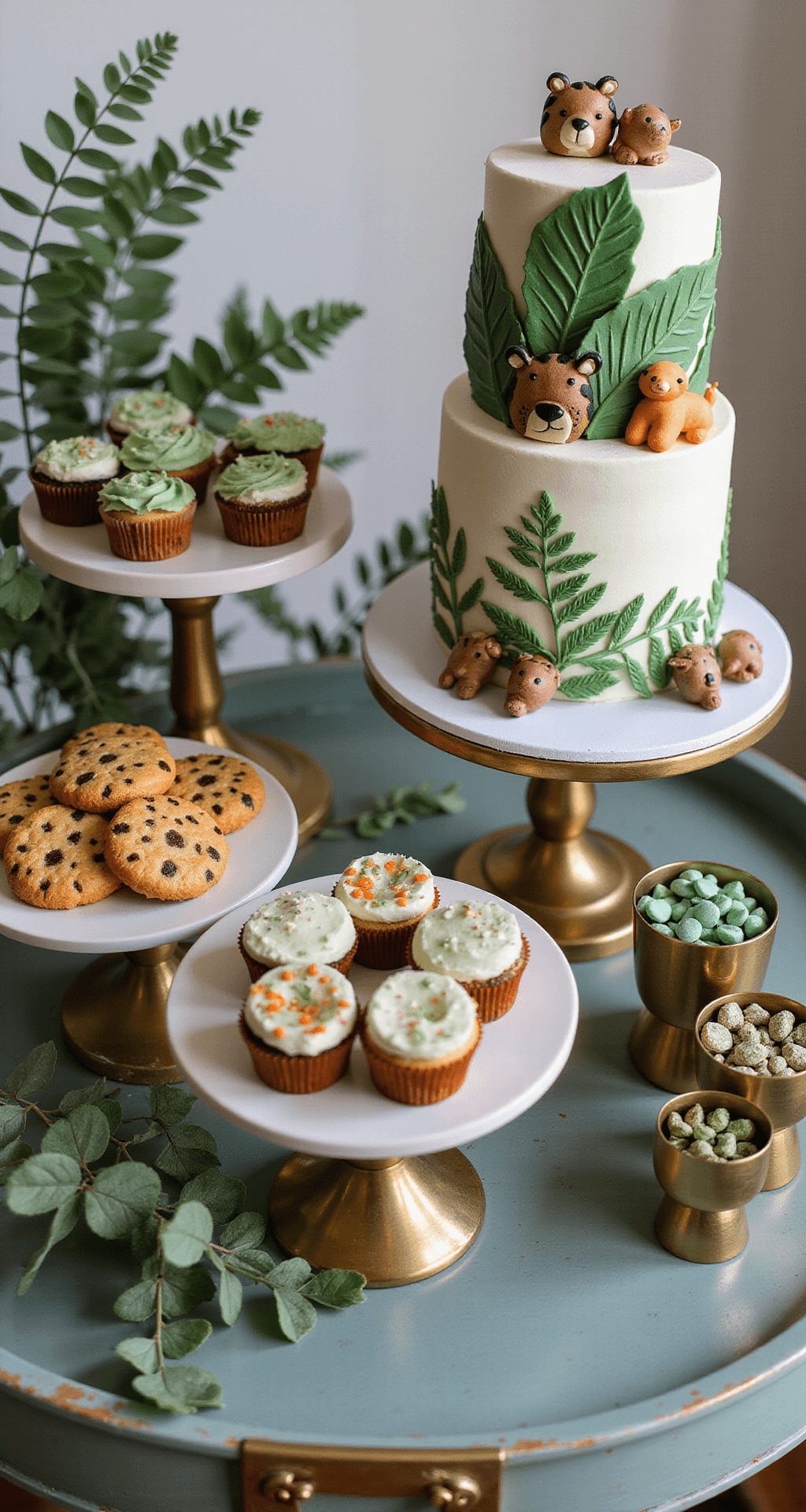 Close-up of a dessert cart in soft morning light featuring animal-print cookies, jungle leaf cupcakes, and a two-tier cake with fondant animals, accented by fresh eucalyptus, palm fronds, and geometric brass containers with candy.