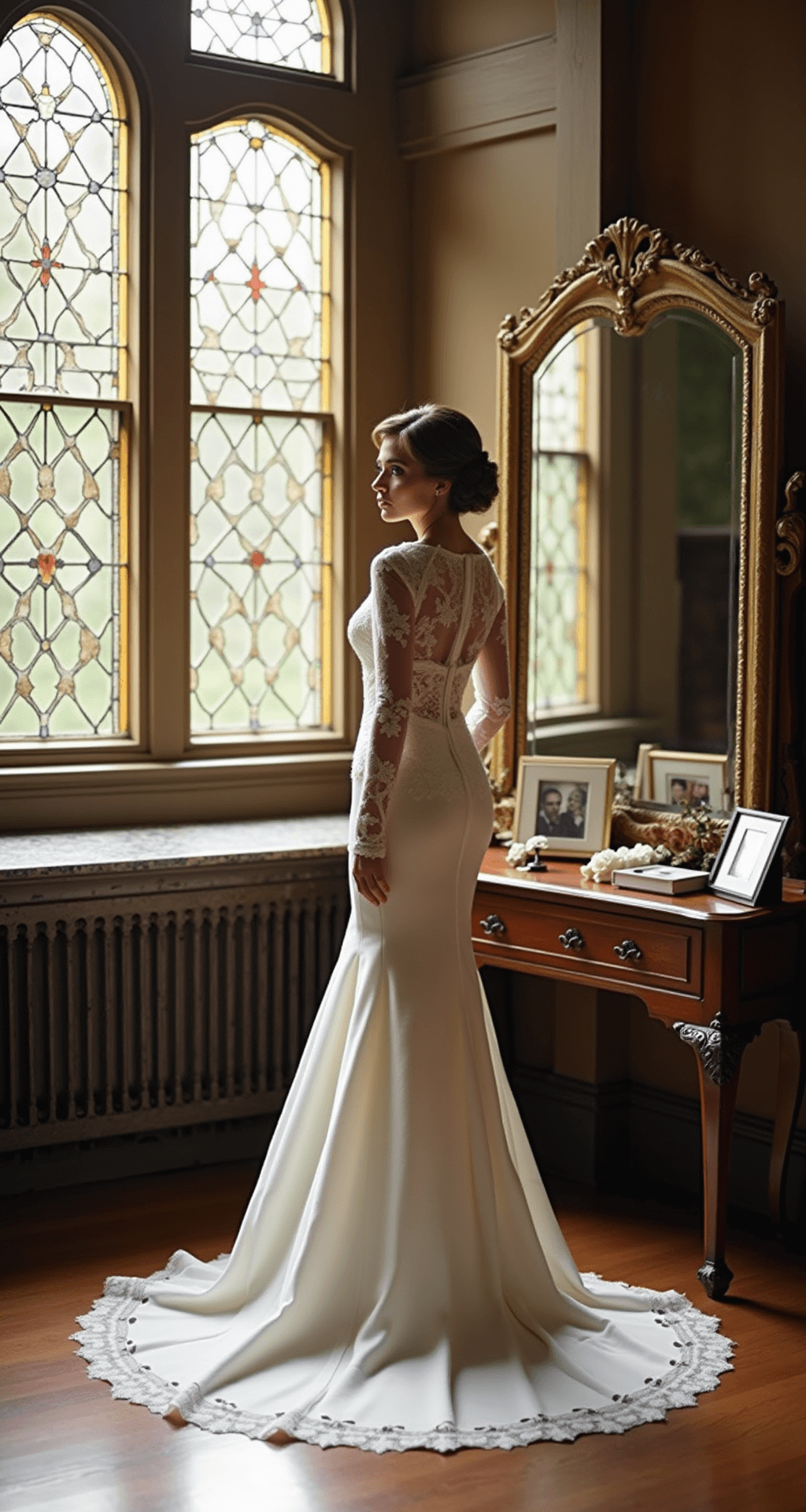 Bride in a fitted sheath dress with Chantilly lace overlay standing in a historic chapel bridal room, with stained glass windows casting diffused mid-morning light, antique vanity table with family photographs, and marble floors reflecting warm lighting.