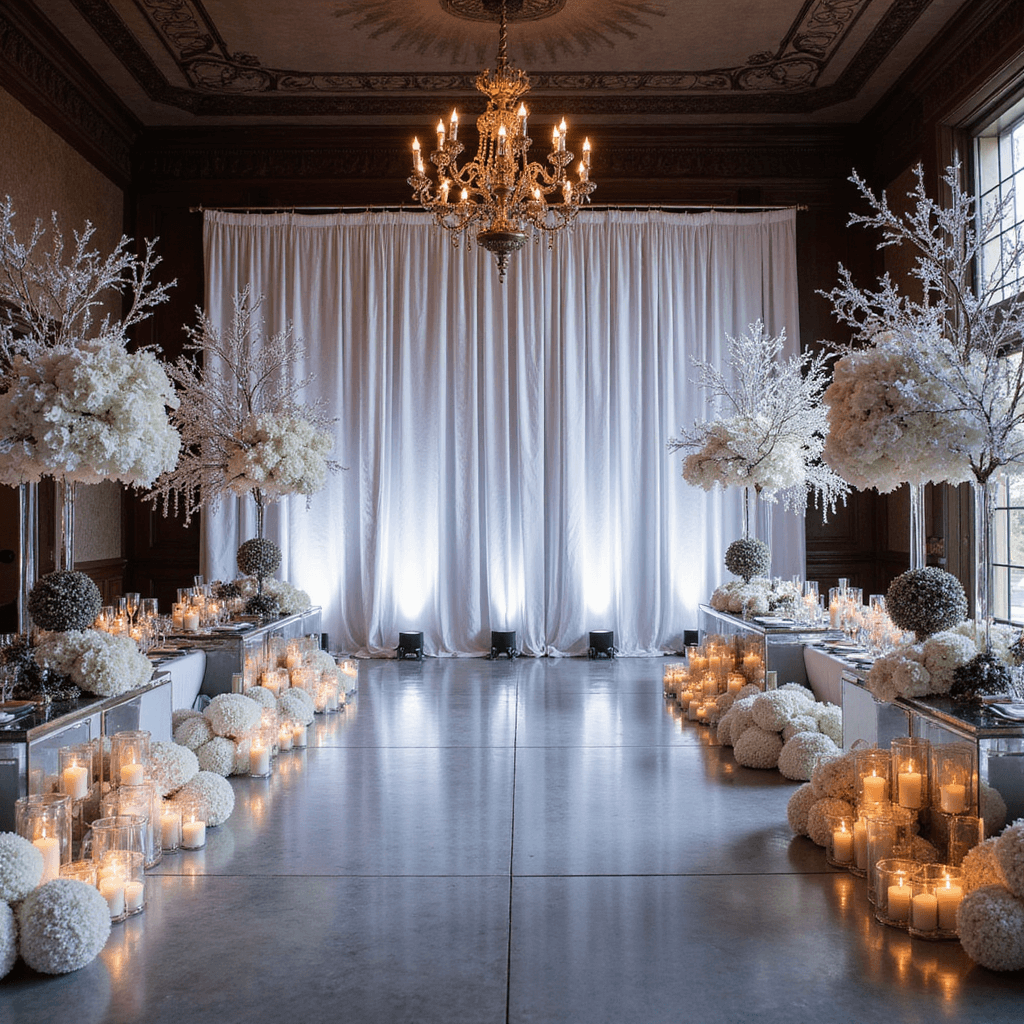 Luxurious winter wedding stage in a historic mansion with 20-foot white velvet drapes, crystal branch installations, thousands of votive candles, and white hydrangeas with silver-painted foliage, all in moody lighting.