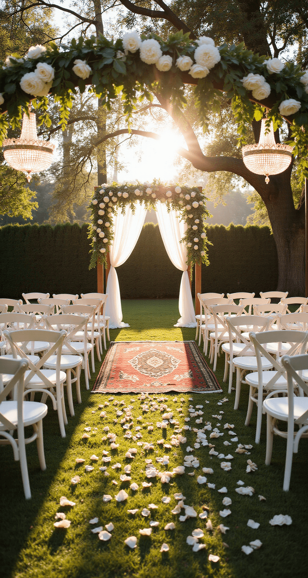 A garden wedding at golden hour with white chairs, floral arch, chandeliers, and vintage rugs on a rose-petal-lined aisle under warm light.