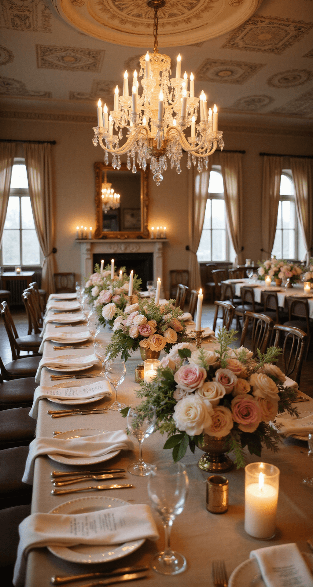 Elevated view of an intimate celebration in a historic ballroom with chandeliers, silk-draped tables, lush floral arrangements, tapered candles, and vintage place settings.