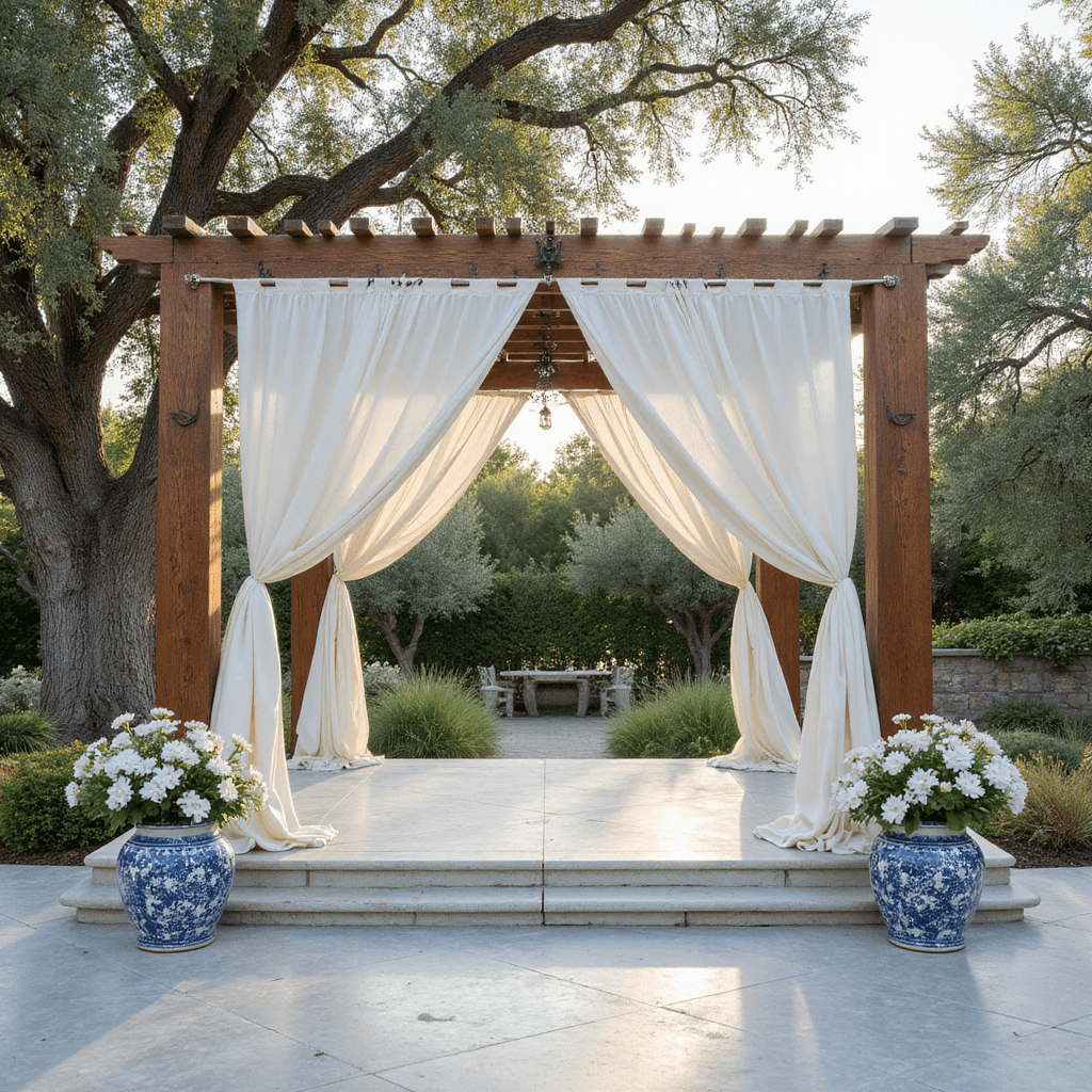 Mediterranean-inspired outdoor stage on a marble terrace with ancient olive trees, a pergola with white fabric, ceramic vessels with bougainvillea, wrought iron details, citrus trees, during golden hour.