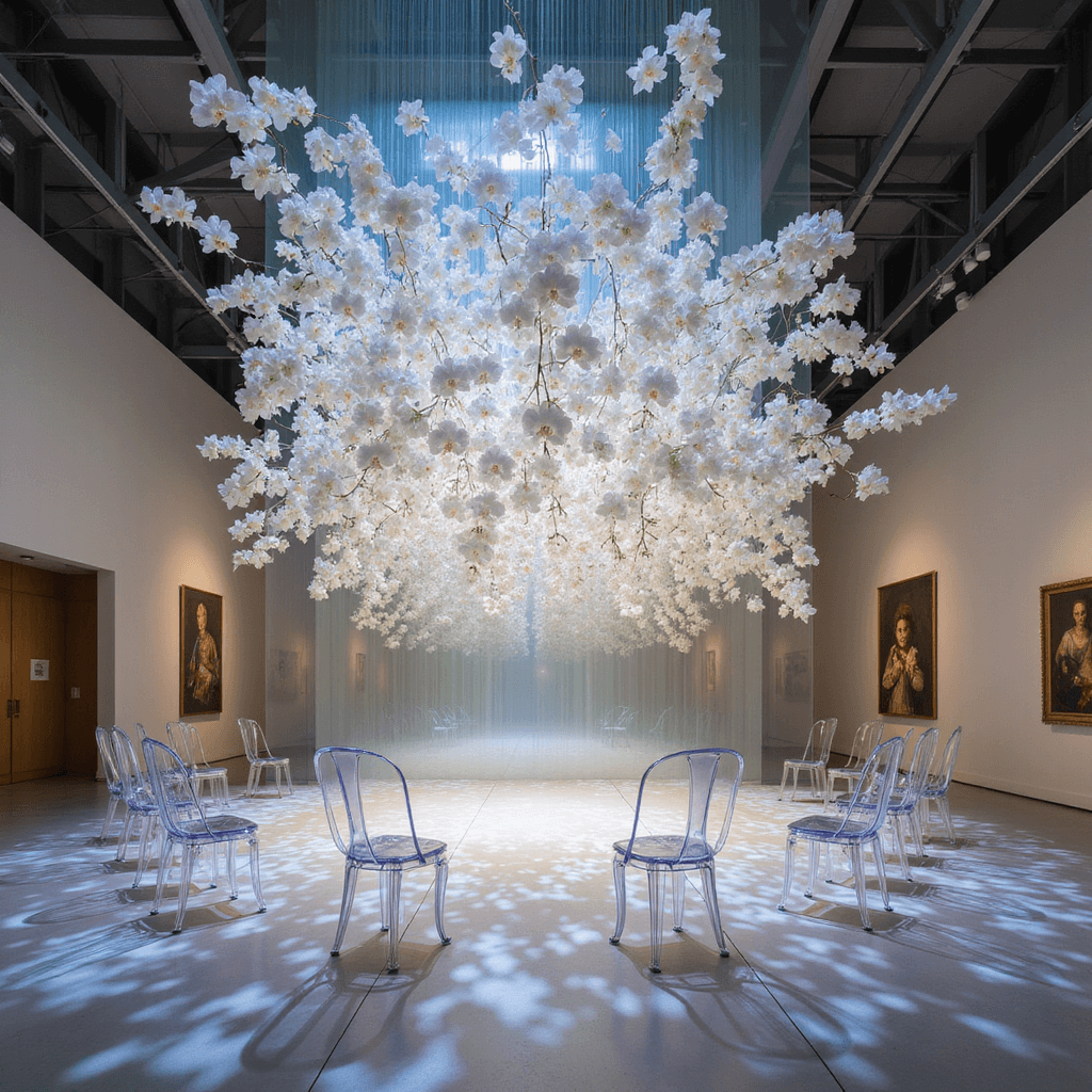 A futuristic museum interior with thousands of white orchids suspended above a transparent stage, surrounded by gradient-tinted acrylic panels and minimalistic ghost chairs, all illuminated by dramatic lighting.