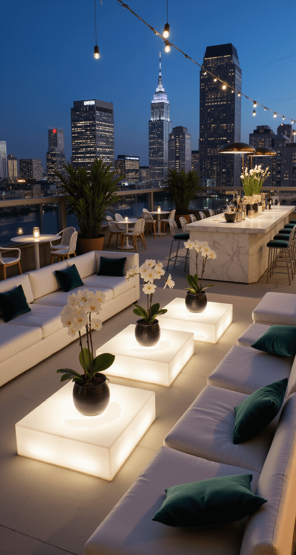A modern rooftop cocktail party scene at blue hour, featuring sleek white lounge furniture around glowing acrylic coffee tables, geometric copper lanterns, string lights, black ceramic vases with white orchids and monstera leaves, ghost chairs with emerald velvet cushions at high-top tables, and a marble bar with signature cocktails under modern pendant lights against a city lights backdrop.