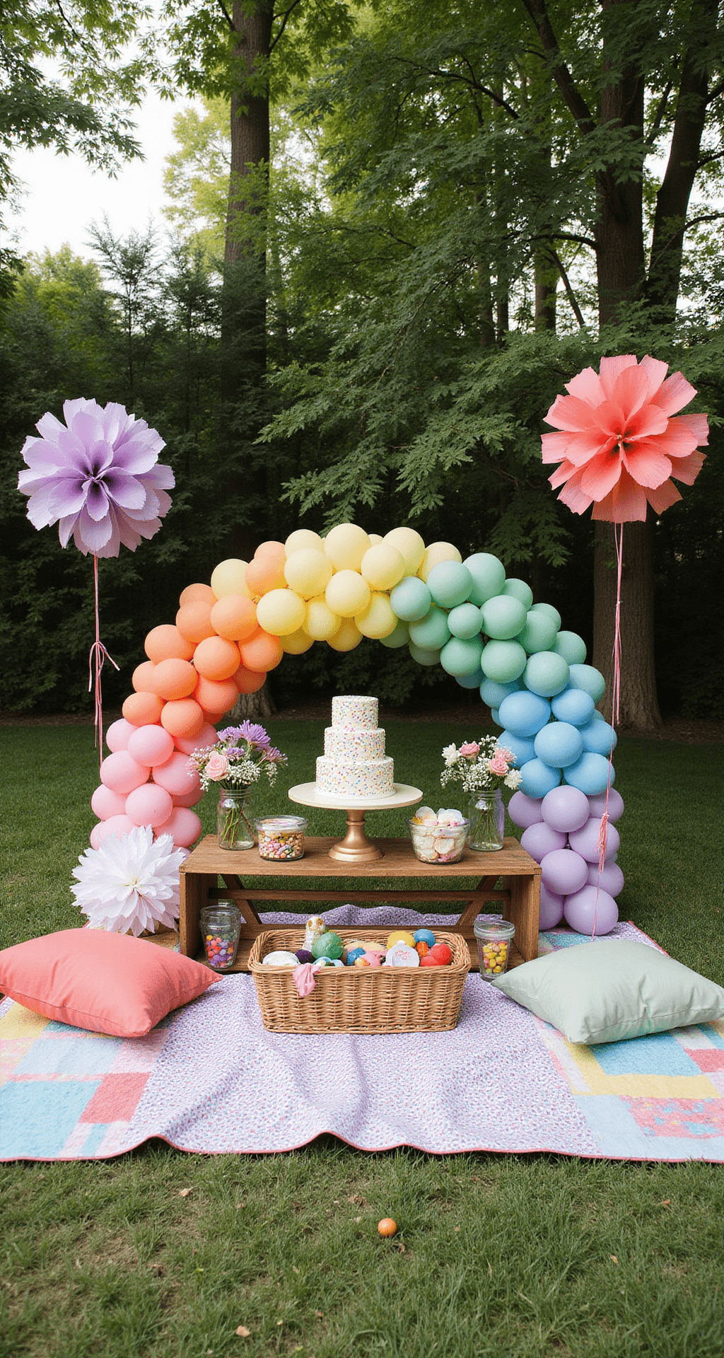 Overhead view of a colorful children's birthday picnic with vintage quilts, primary-colored floor cushions, rainbow balloon arch, and a confetti cake on a gold stand. Wildflowers in mason jars and baskets with toys decorate the whimsical setup.