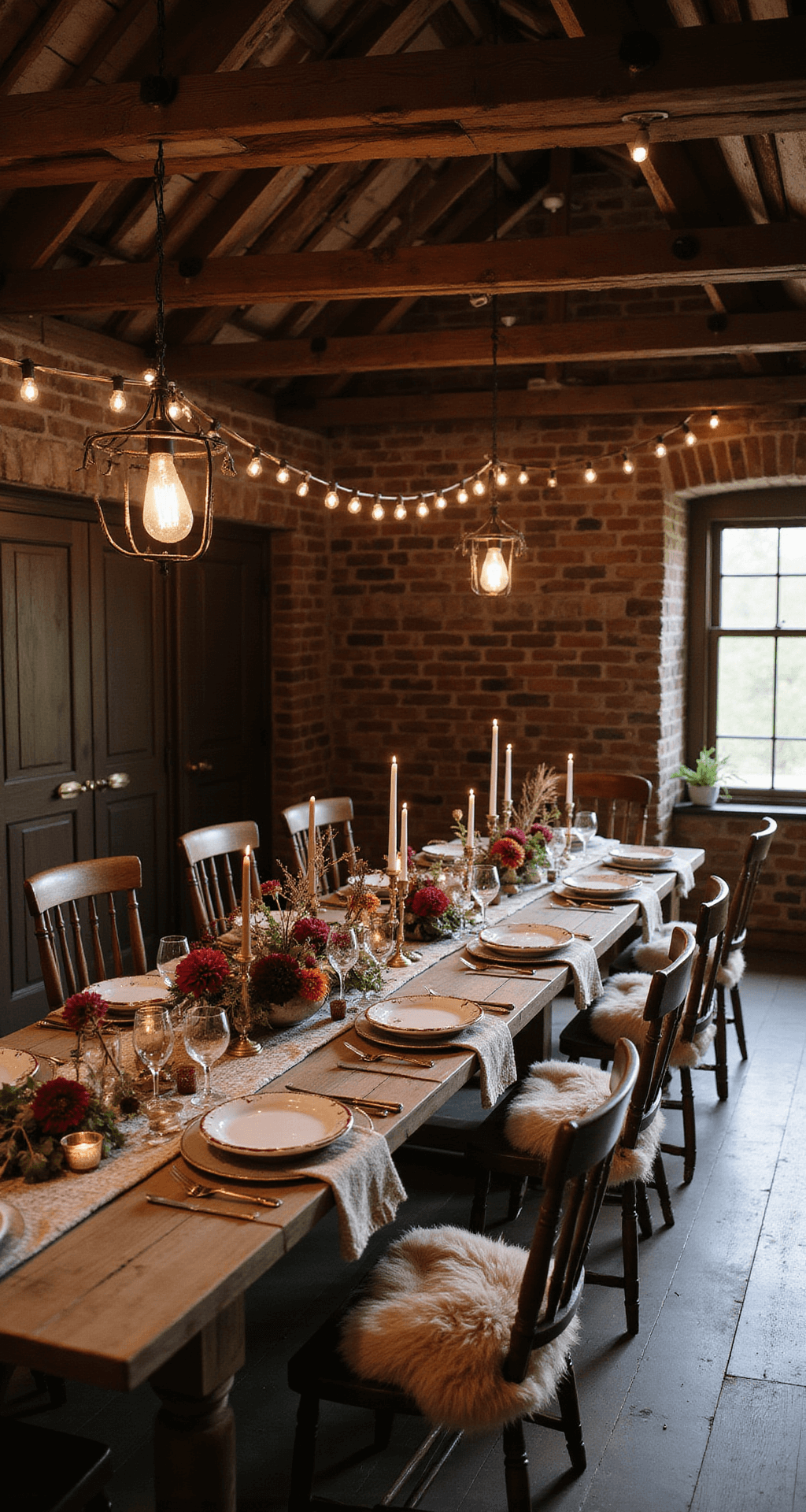 A renovated barn transformed into a cozy autumn dinner setting with a long wooden table adorned with a textured linen runner, brass candlesticks, and dramatic floral centerpieces of burgundy dahlias and copper beech branches. Edison bulb string lights and iron chandeliers illuminate the space, highlighting vintage Windsor chairs with sheepskin throws.