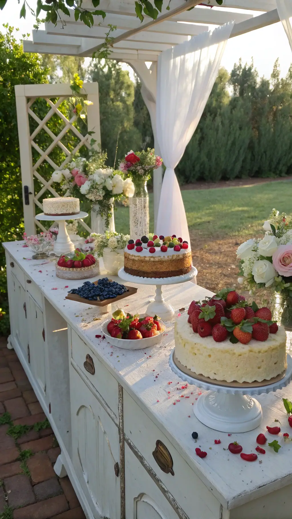 A sunlit garden dessert station featuring summer berry cakes on vintage milk glass pedestals, set on a white wooden table under a flowering pergola with sheer fabric. Cakes garnished with strawberries, blueberries, and edible flowers are illuminated by golden hour light. Crystal cake stands add height variation, complemented by scattered rose petals and eucalyptus for texture. The pastel hues of cream, berry reds, and sage green are enhanced by soft natural lighting, with the scene shot from a slight elevation.