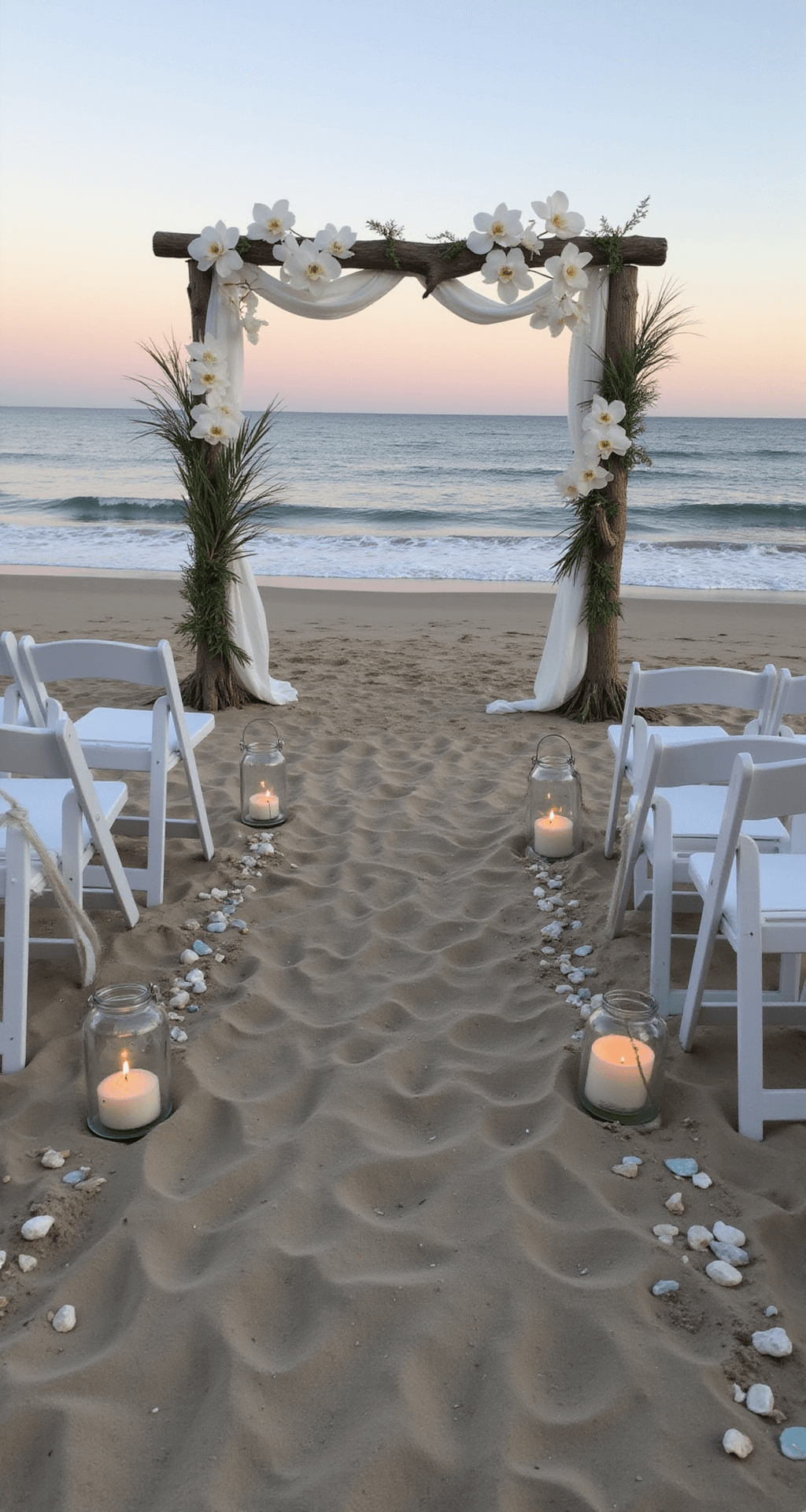 Seaside celebration at dusk with white chairs and a driftwood arch adorned with orchids and sea grass, lanterns line the aisle, and shells decorate linen chair covers, under a soft pink sky.