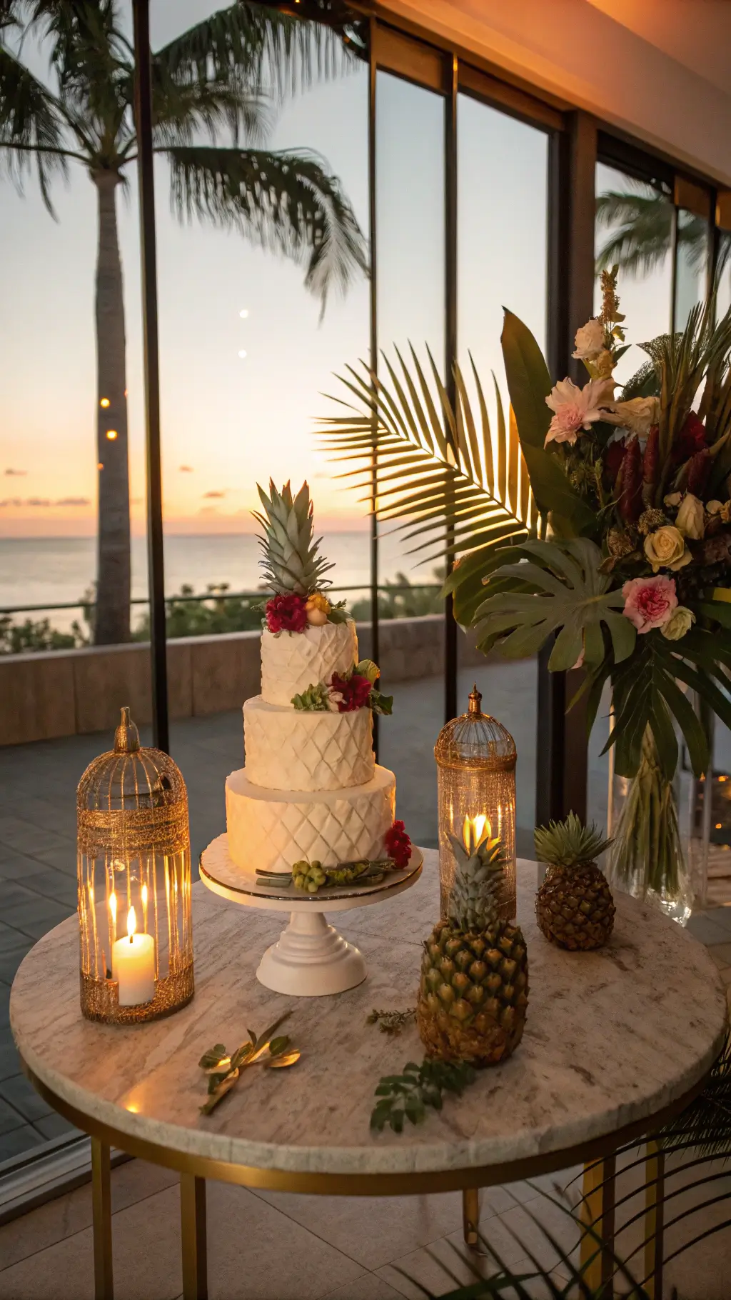 Tropical-themed indoor celebration at sunset with a dramatic pina colada cake on a marble table, surrounded by palm fronds, orchids, and candles, in a warm, golden-lit room.